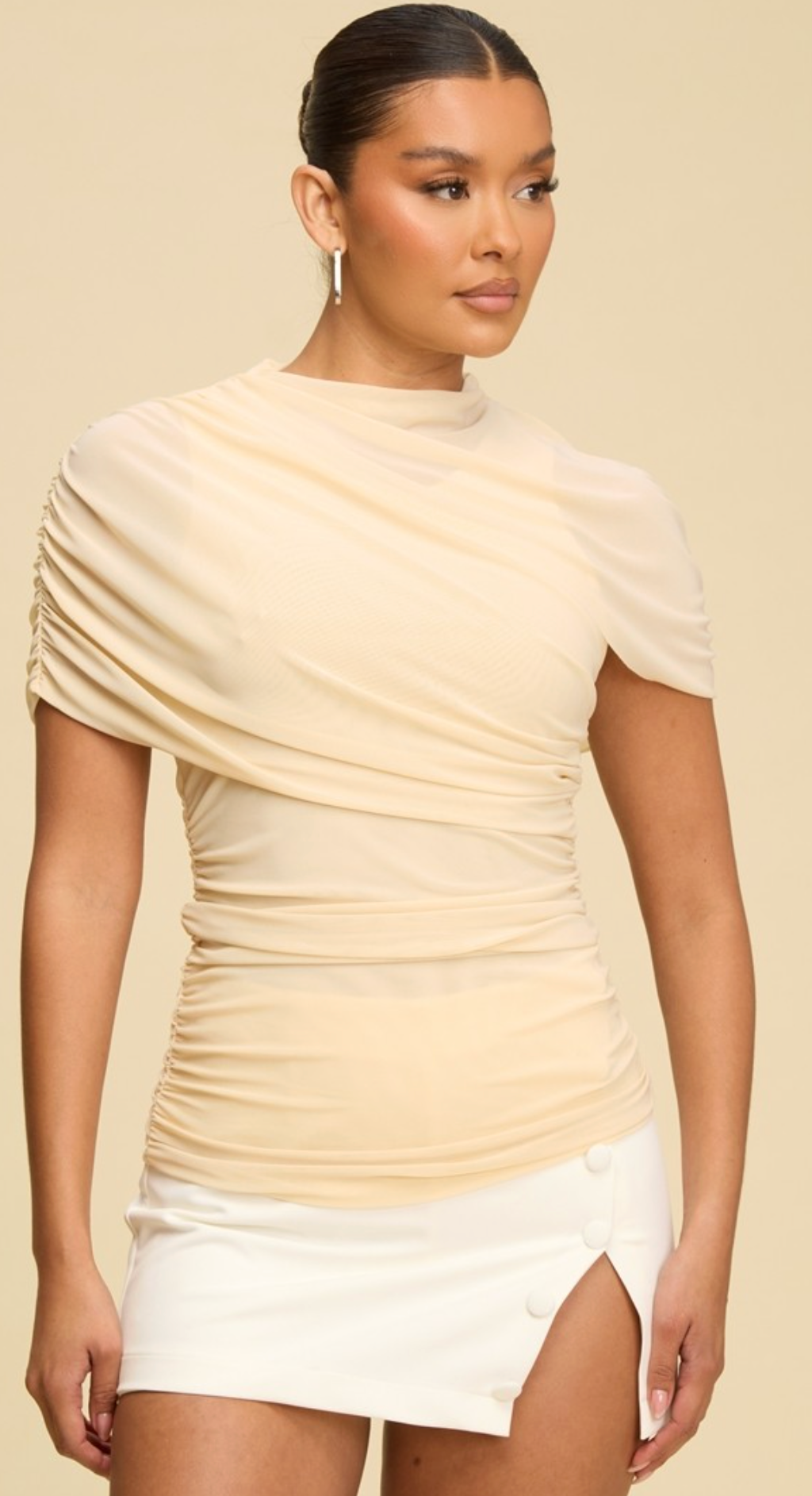 MESH NECK SLEEVE TOP - IVORY