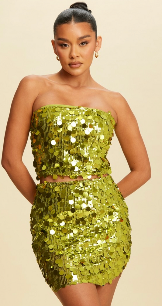 CIRCLE SEQUIN MINI SKIRT SET - GREEN