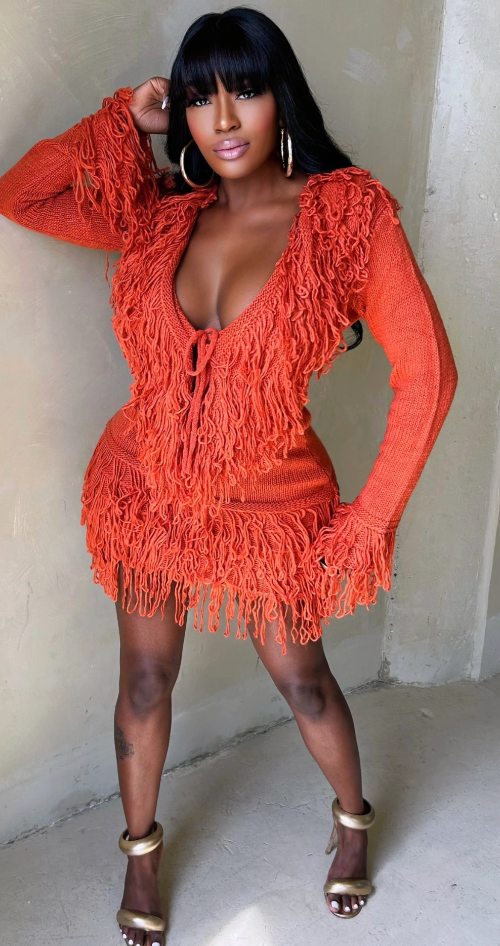 FRONT TIE FRINGE SWEATER SET - ORANGE