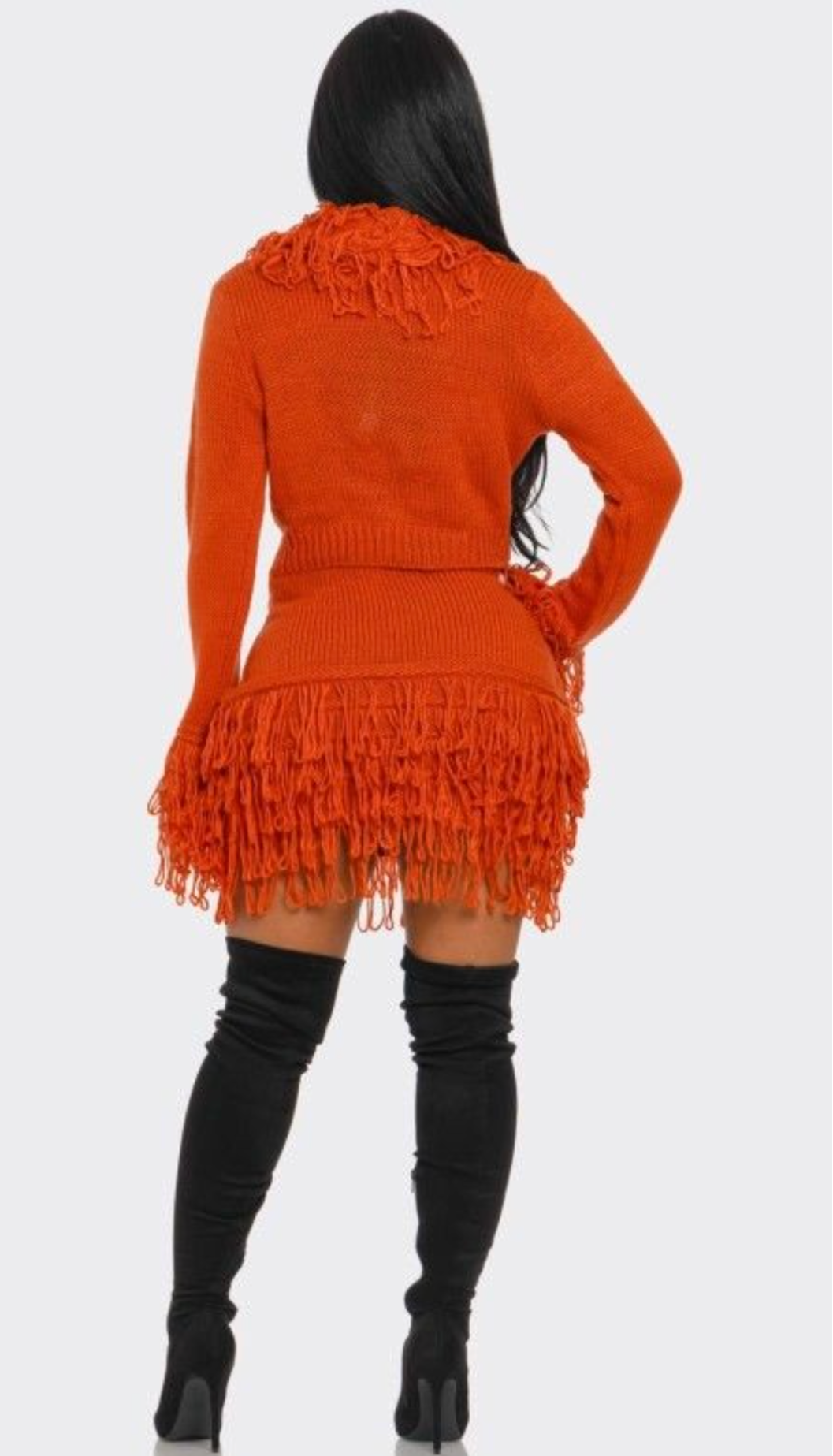 FRONT TIE FRINGE SWEATER SET - ORANGE