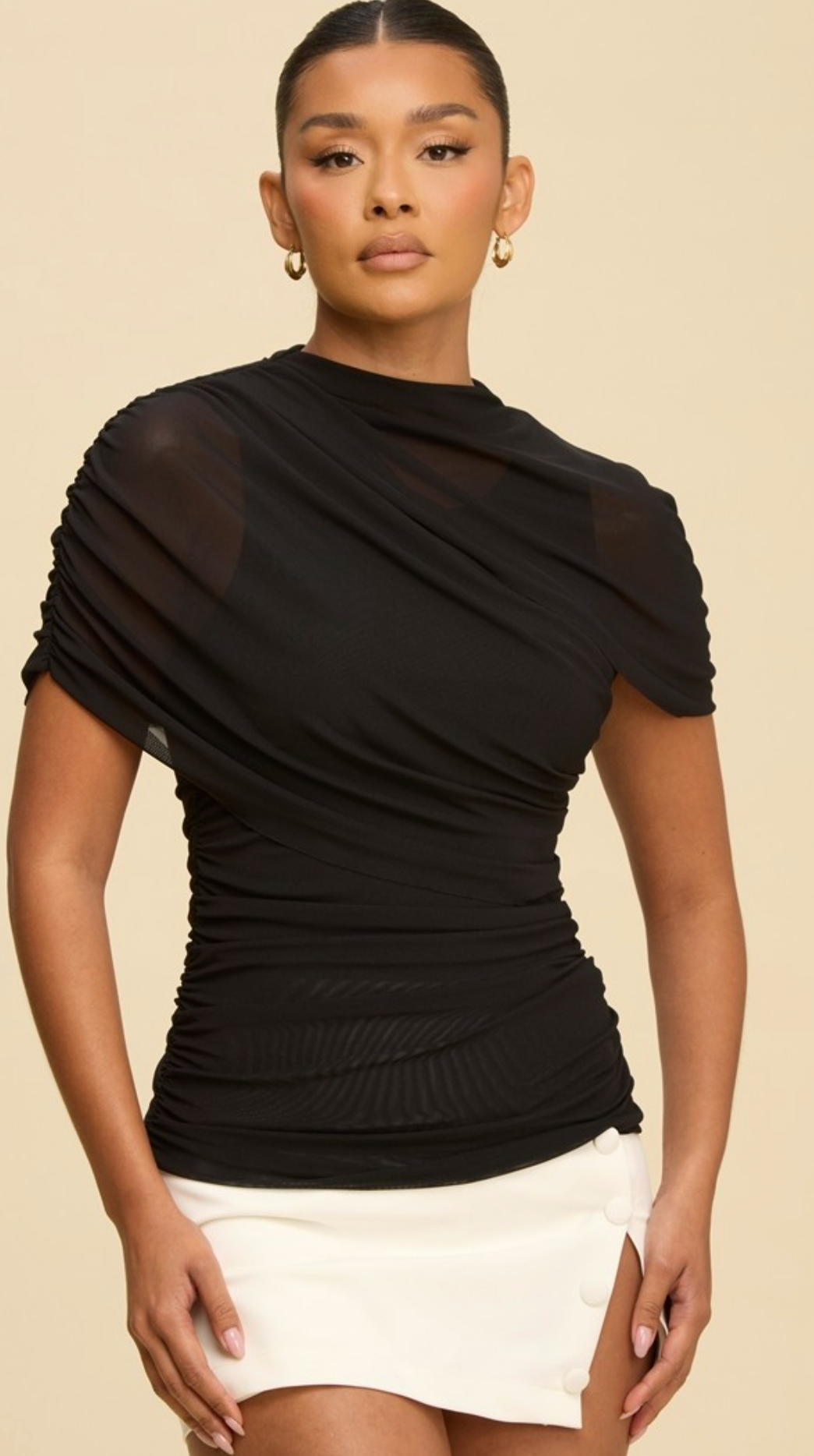 MESH NECK SLEEVE TOP - BLACK