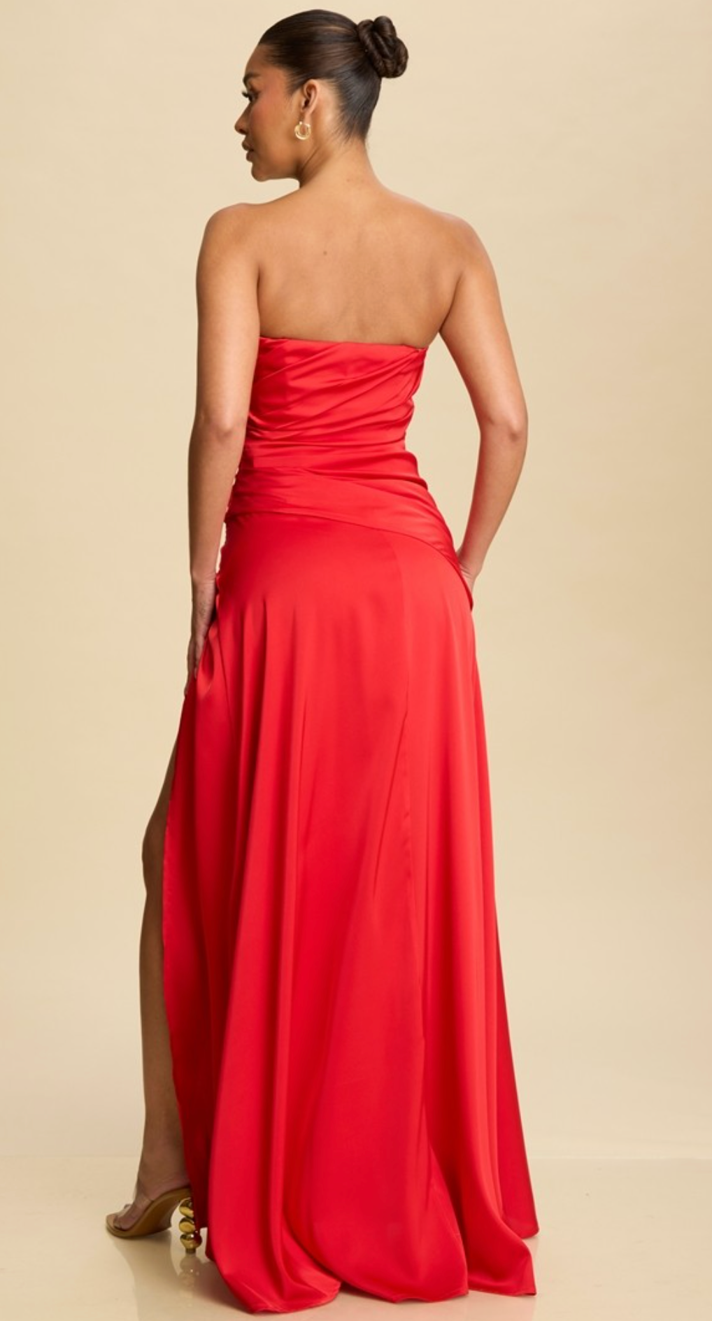 DRAPED SATIN BUSTIER DRESS - RED