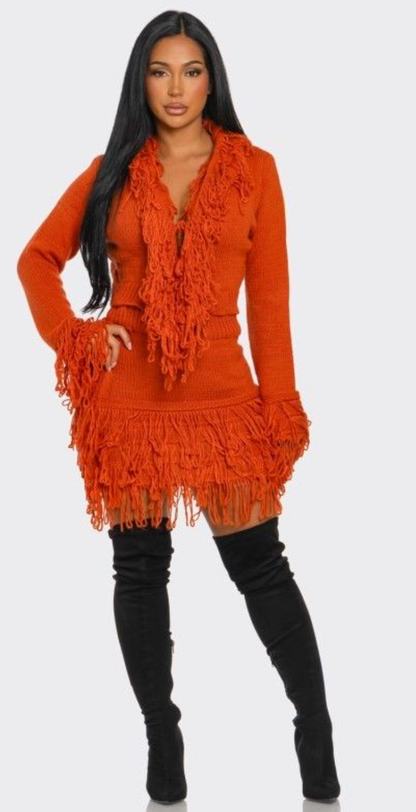 FRONT TIE FRINGE SWEATER SET - ORANGE